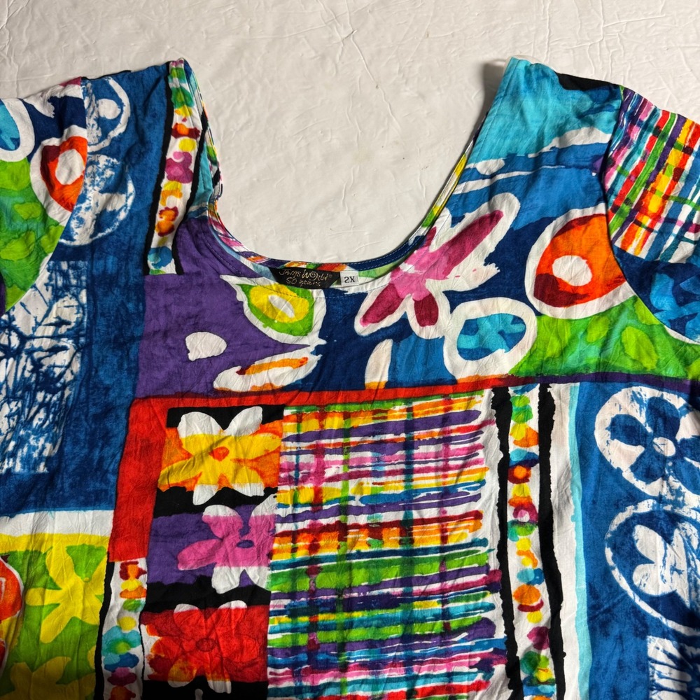 Jams World Flower Kraze Patchwork Ruffle Hem Top 2X Multi Color Rayon Hawaii
